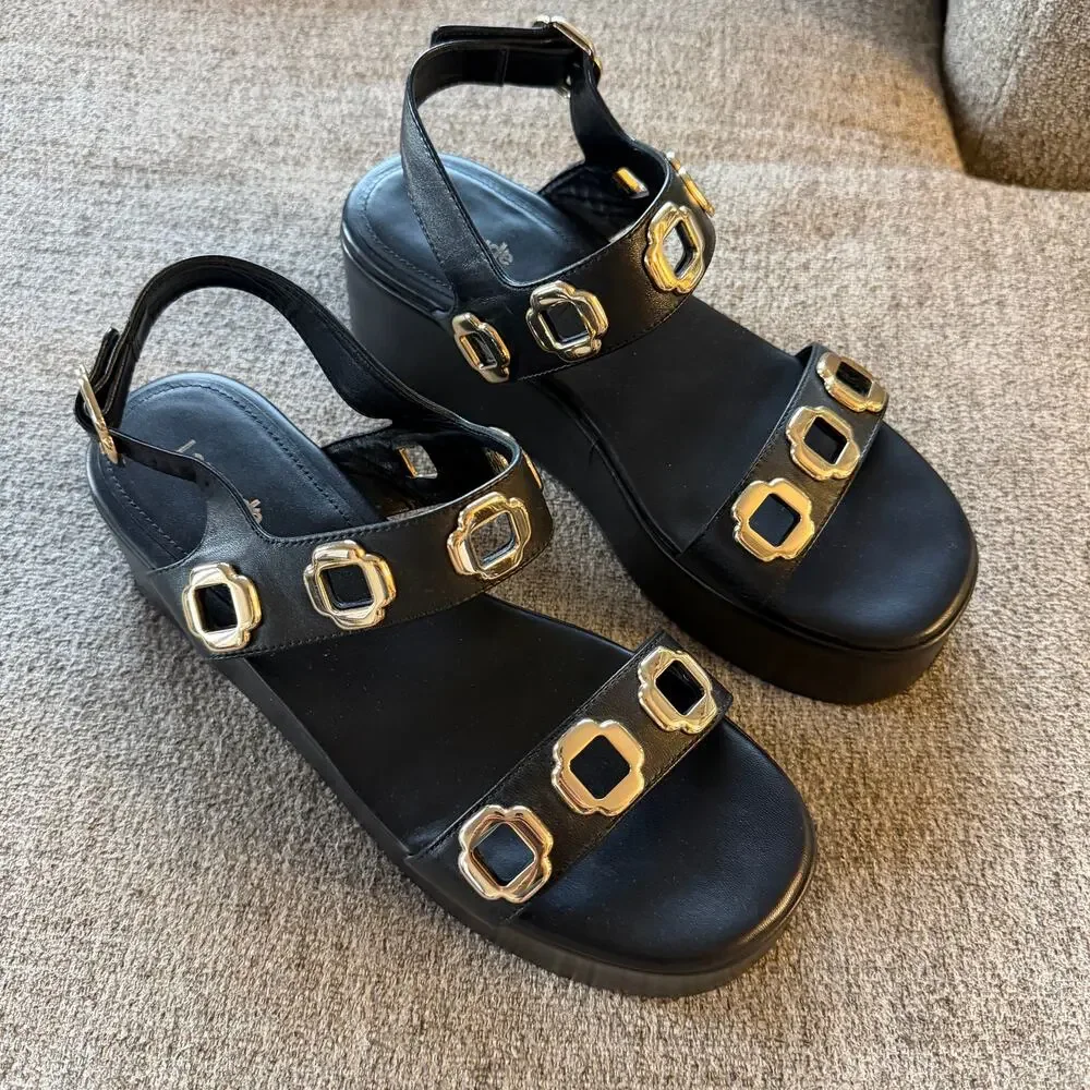 Larroude Milan Black Leather Grommet Flatform Sandals Size 9